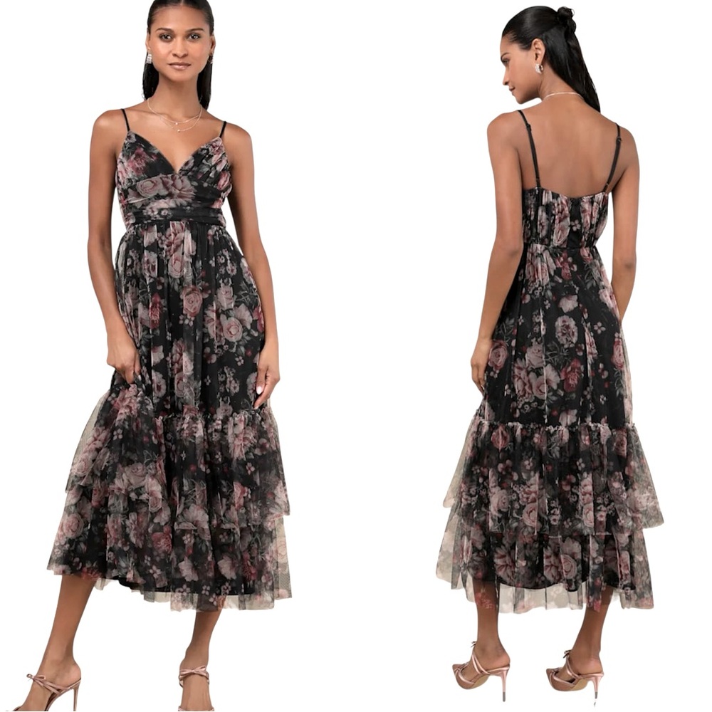Lulus Black Floral Mesh Tiered Midi Dress Size XS